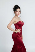 Burgundy Strapless Satin Mermaid Gown