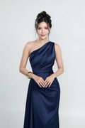 Navy Blue One-Shoulder Satin Gown