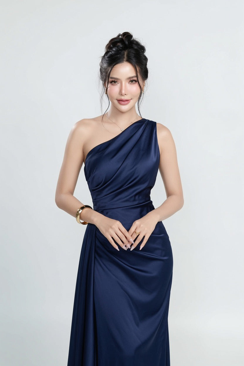 Navy Blue One-Shoulder Satin Gown