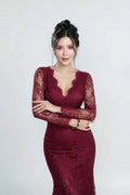 Burgundy Lace Long-Sleeve Gown