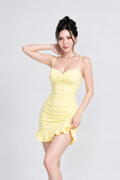 Butter Yellow Ruched Frill Mini Dress